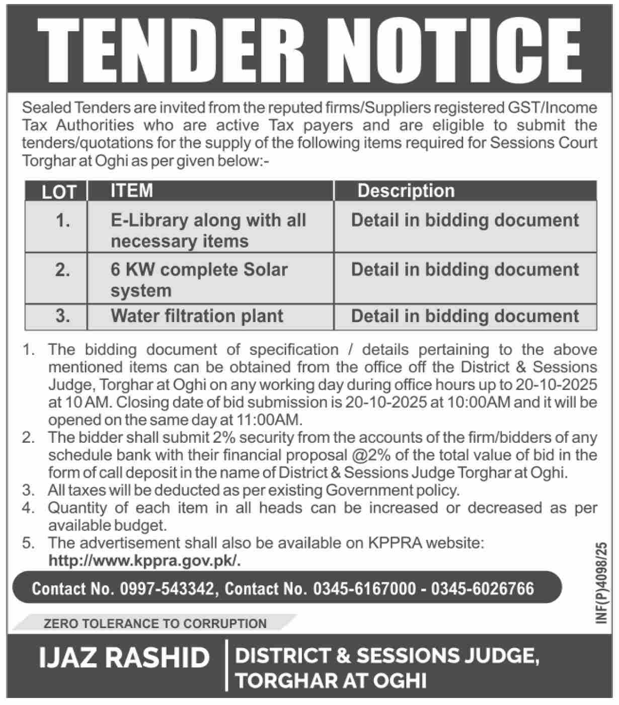 District & Session Court Torghar Tender Notice